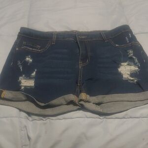 SHEIN Blue Distressed Jean Shorts with Cuffed Hems